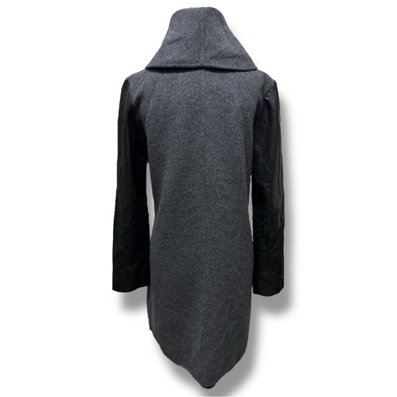 Vince Gray and Black Wool and Leather Asymmetrical Zip Coat Shawl Collar - Picture 3 of 16